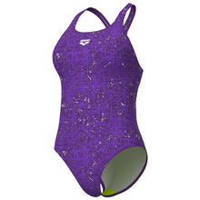 Load image into Gallery viewer, Purple swimsuit with a pattern on a white background