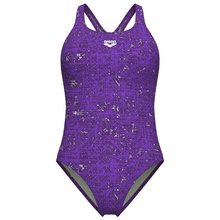 Load image into Gallery viewer, Purple swimsuit with white pattern on a white background