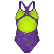 Load image into Gallery viewer, Purple swimsuit with a pattern on a white background