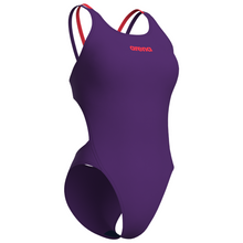 Load image into Gallery viewer, Purple swimsuit with coral red straps on a white background