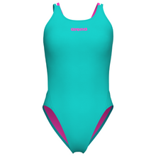 Load image into Gallery viewer, Teal swimsuit with pink accents on a white background