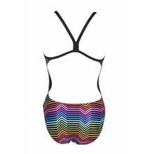 Load image into Gallery viewer, ARENA - W MULTICOLOR STRIPES CHALLENGE BACK ONE PIECE - BLACK:MULTI (002828-550) back