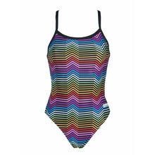 Load image into Gallery viewer, ARENA - W MULTICOLOR STRIPES CHALLENGE BACK ONE PIECE - BLACK:MULTI (002828-550) front