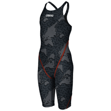 Load image into Gallery viewer, arena Race Suit for Girls in Limited Edition Grey Map - Girls’ Powerskin ST 2.0 Full Body Short Leg Open Back Kneeskin front left