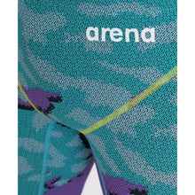 Load image into Gallery viewer, arena Race Suit for Men in Limited Edition Purple Map - Men’s Powerskin ST 2.0 Jammer model front arena logo close-up