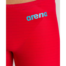 Load image into Gallery viewer, arena Race Suit for Men in Red - Men’s Powerskin Carbon Air2 Jammer model front arena logo close-up

