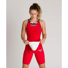 Load image into Gallery viewer, arena Race Suit for Women in Red - Women’s Powerskin Carbon Air2 Open-Back Kneeskin model front