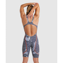 Load image into Gallery viewer, arena Race Suit for Women in Limited Edition Grey Map - Women’s Powerskin ST 2.0 Full Body Short Leg Open Back Kneeskin model back
