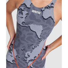Load image into Gallery viewer, arena Race Suit for Women in Limited Edition Grey Map - Women’s Powerskin ST 2.0 Full Body Short Leg Open Back Kneeskin model front close-up