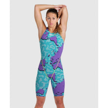 Load image into Gallery viewer, arena Race Suit for Women in Limited Edition Purple Map - Women’s Powerskin ST 2.0 Full Body Short Leg Open Back Kneeskin model front