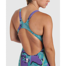 Load image into Gallery viewer, arena Race Suit for Women in Limited Edition Purple Map - Women’s Powerskin ST 2.0 Full Body Short Leg Open Back Kneeskin model open back close-up