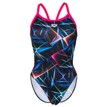 Load image into Gallery viewer, arena-womens-swimsuit-laser-lights-print-challenge-back-black-multi-freak-rose-005557-550-ontario-swim-hub-2