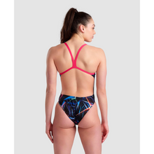 Load image into Gallery viewer, arena-womens-swimsuit-laser-lights-print-challenge-back-black-multi-freak-rose-005557-550-ontario-swim-hub-6