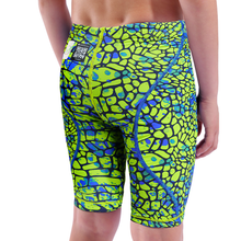 Load image into Gallery viewer, Close-up of the back of a boy in an arena green and blue snakeskin Powerskin ST NEXT racing suit
