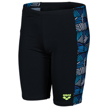 Load image into Gallery viewer, Black swim jammers with blue and white pattern panel on a white background
