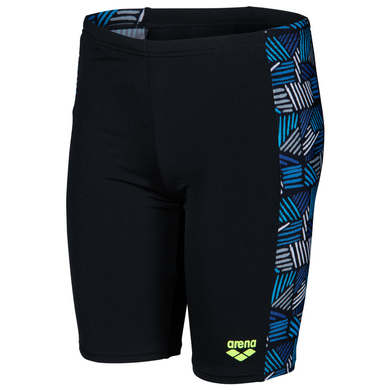 Black swim jammers with blue and white pattern panel on a white background
