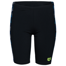 Load image into Gallery viewer, Black swim shorts with blue and white pattern side panels on a white background
