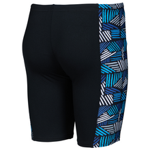 Load image into Gallery viewer, Black swim jammers with a blue and white geometric pattern panel on a white background
