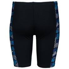 Load image into Gallery viewer, Black swim shorts with blue and white geometric patterns on a white background
