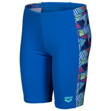 Load image into Gallery viewer, Blue swim jammers with colorful geometric pattern panel on a white background
