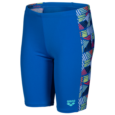 Blue swim jammers with colorful geometric pattern panel on a white background