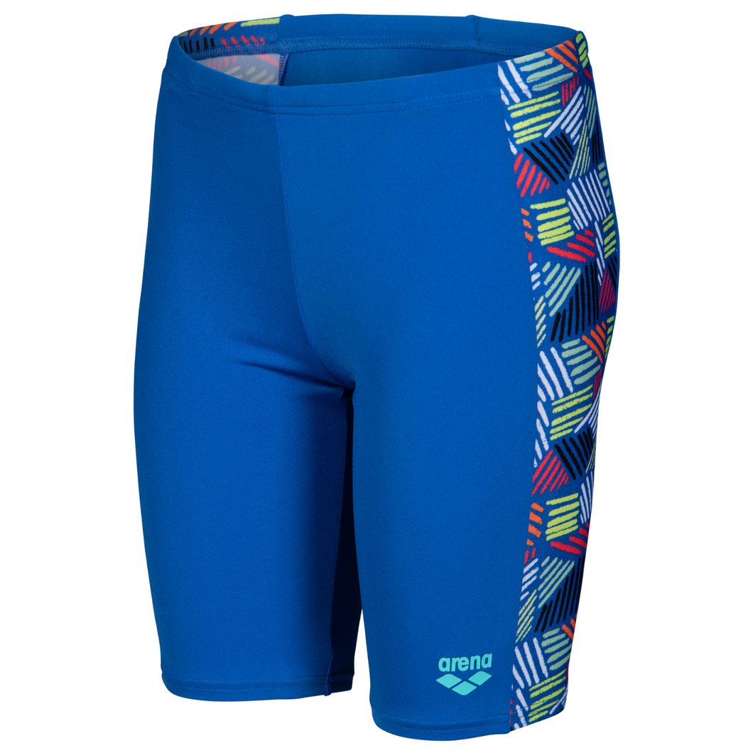 Blue swim jammers with colorful geometric pattern panel on a white background