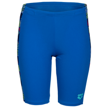 Load image into Gallery viewer, Blue swim shorts with multicolor side panels on a white background
