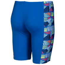 Load image into Gallery viewer, Blue swim jammers with colorful geometric pattern side panel on a white background
