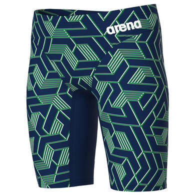 Navy and green patterned swim jammers with Arena logo on a white background