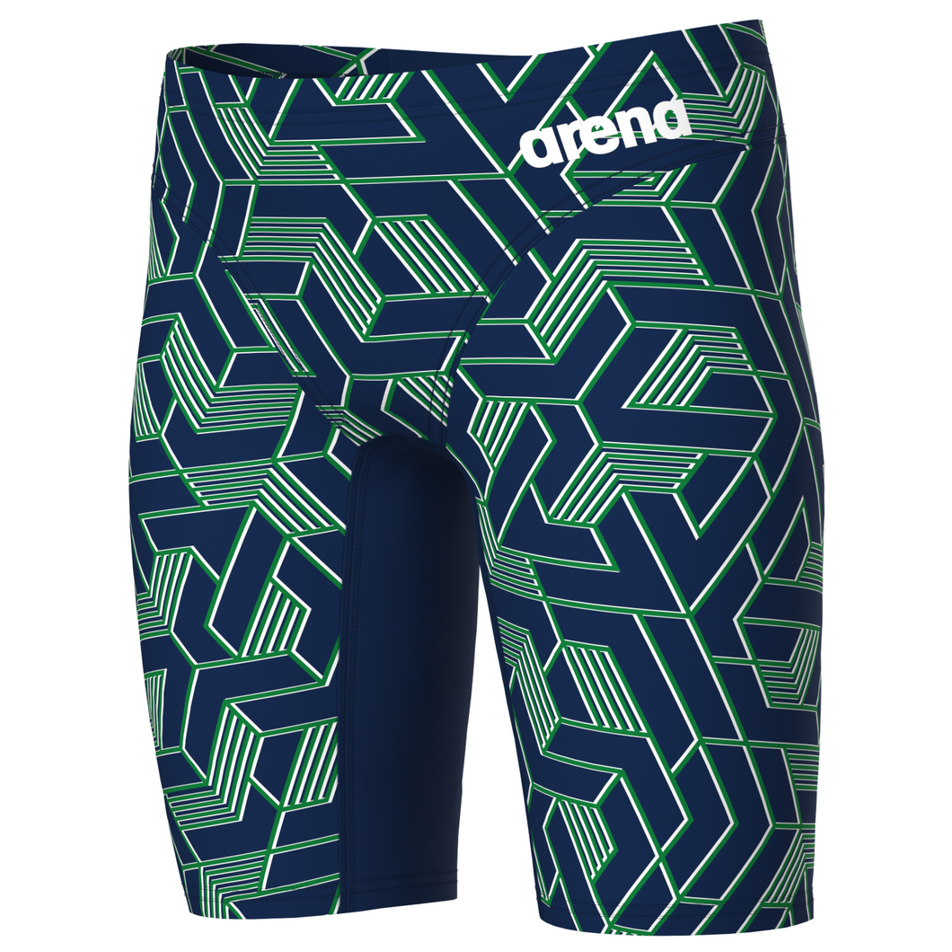 Navy and green patterned swim jammers with Arena logo on a white background