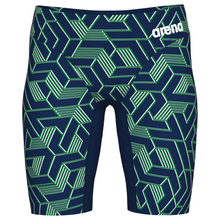 Load image into Gallery viewer, Navy and green patterned swim jammers with Arena branding on a white background
