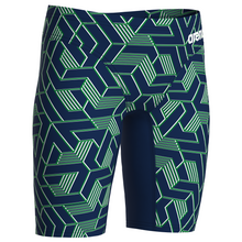 Load image into Gallery viewer, Navy and green patterned swim shorts with Arena branding on a white background
