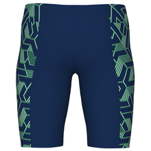 Load image into Gallery viewer, Navy swim shorts with green geometric pattern on a white background
