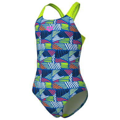 Colorful geometric patterned swimsuit with green straps on a white background