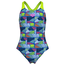 Load image into Gallery viewer, Blue and green geometric patterned swimsuit with green straps on a white background
