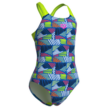 Load image into Gallery viewer, Colorful geometric patterned swimsuit with green straps on a white background
