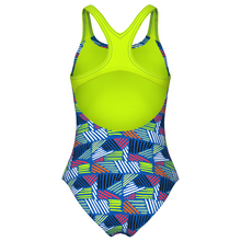 Load image into Gallery viewer, One-piece swimsuit with colorful geometric pattern on a white background
