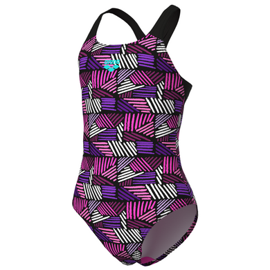 Pink and purple one-piece swimsuit with geometric pattern on a white background