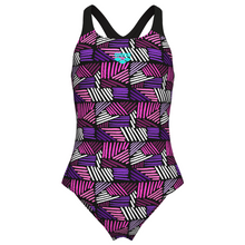 Load image into Gallery viewer, Multicolored geometric patterned swimsuit on a white background
