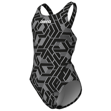 Load image into Gallery viewer, Black and white geometric patterned swimsuit with Arena logo on a white background
