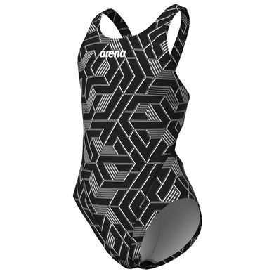 Black and white geometric patterned swimsuit with Arena logo on a white background