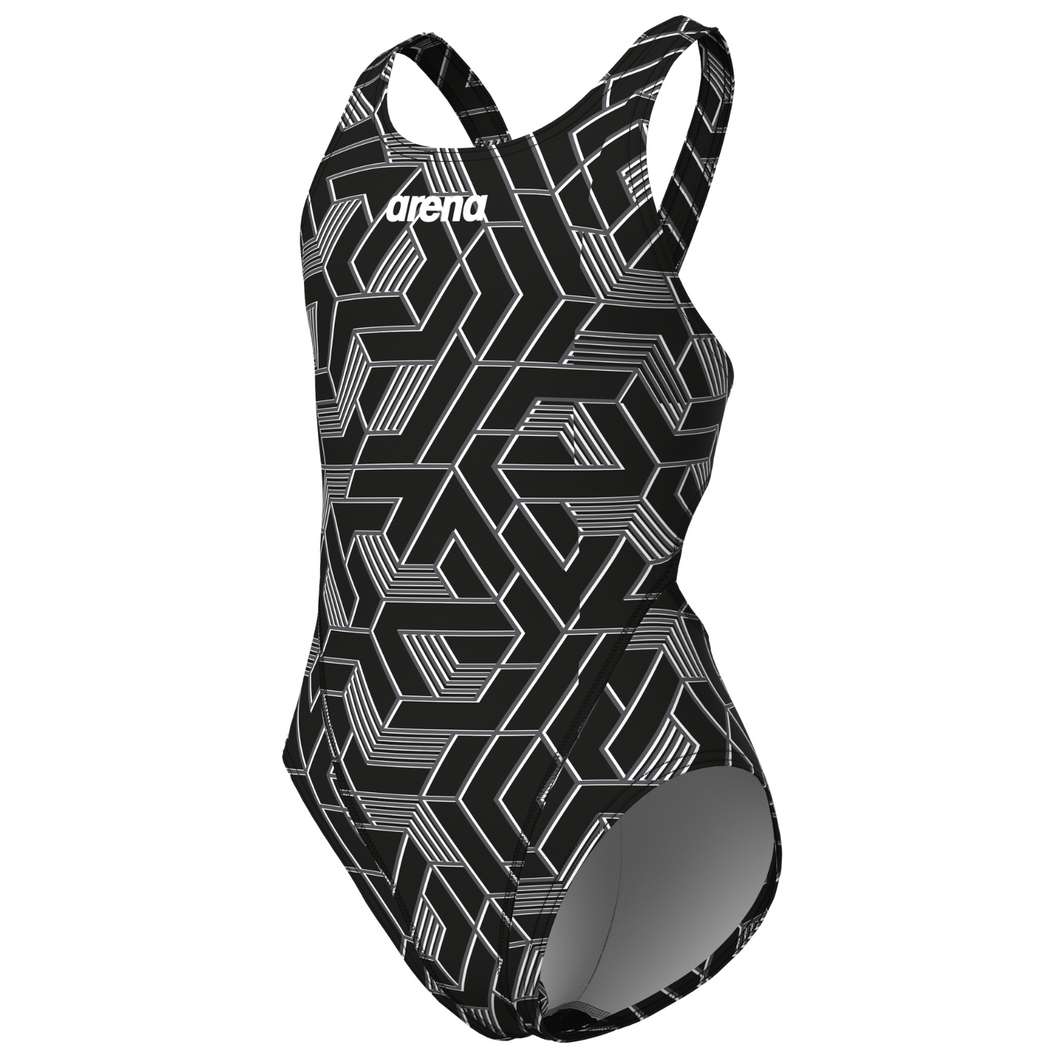 Black and white geometric patterned swimsuit with Arena logo on a white background
