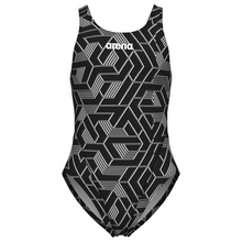 Load image into Gallery viewer, Black and white geometric patterned swimsuit with Arena logo on a white background
