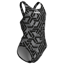 Load image into Gallery viewer, Black and white geometric patterned swimsuit with Arena branding on a white background
