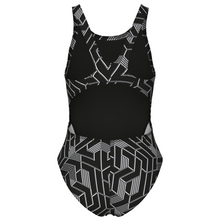 Load image into Gallery viewer, Black swimsuit with geometric white pattern on a white background
