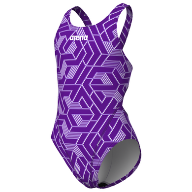 Purple and white swimsuit with geometric pattern on a white background