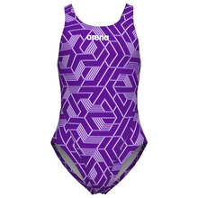 Load image into Gallery viewer, Purple swimsuit with geometric pattern on a white background
