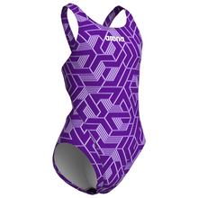 Load image into Gallery viewer, Purple swimsuit with geometric pattern on a white background
