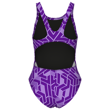 Load image into Gallery viewer, Purple geometric patterned swimsuit on a white background
