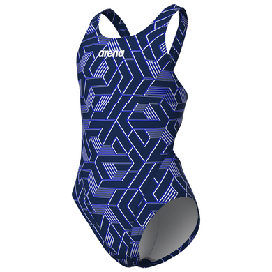 Blue geometric patterned swimsuit with Arena logo on a white background